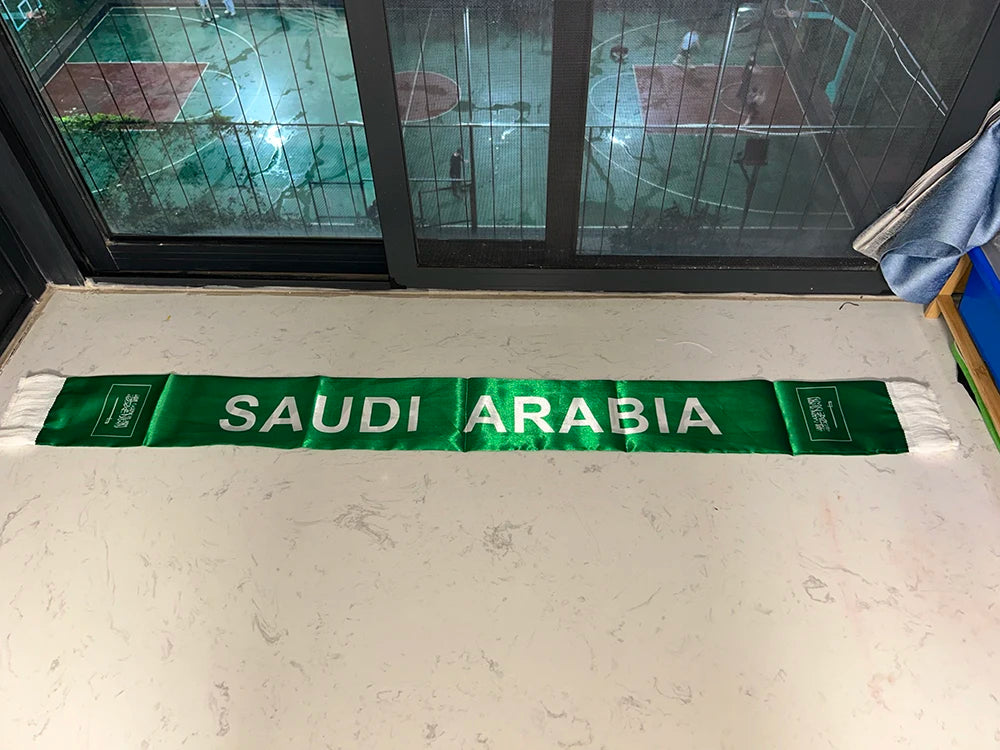 Saudi Arabia Scarf 12/14x135cm Double Printed Satin Saudi Arabia Flag Scarf Tassels for 2026 Football cup, Sports, Events