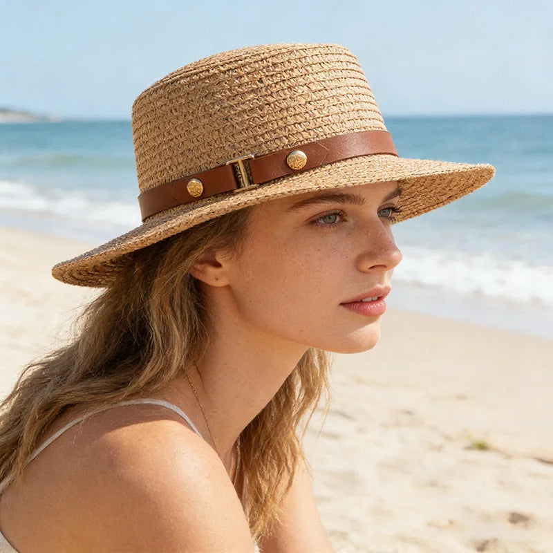 Women'S Summer Straw Hat with a Flat Top, Perfect for Outings And Sun Protection at The Beach.