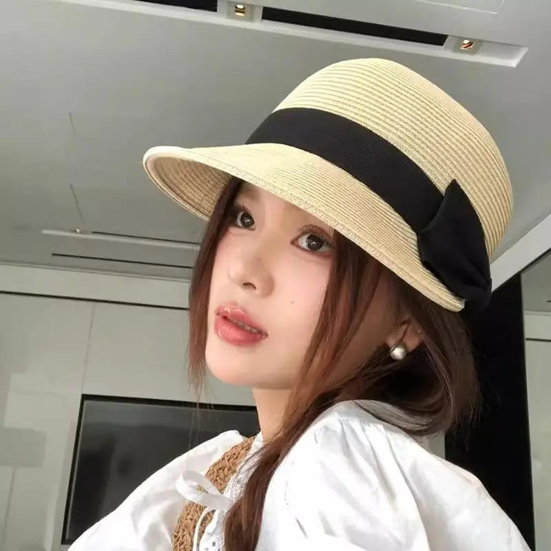 Summer Straw Hat For Women Outdoor Travel Beach Vacation Cap Vintage Bow Top Hat Girls French Flat Top Sun Visor Hats
