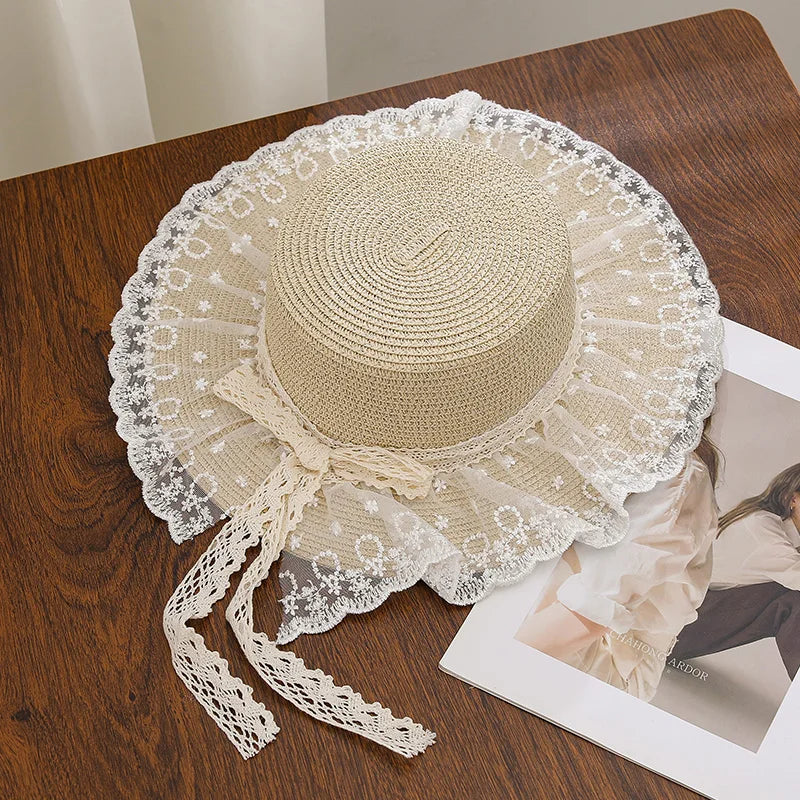 Summer outdoor travel sun hat for women, beach vacation sun hat with bow and ribbon, large brim straw hat