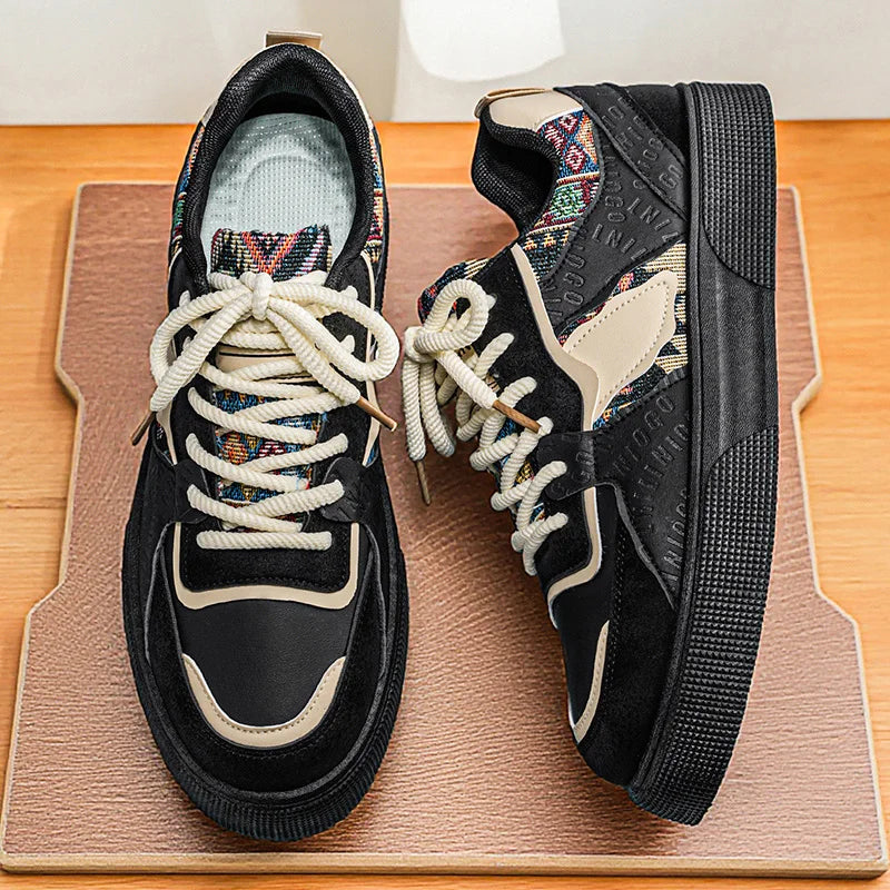 Men's Vintage Patchwork Platform Sneakers - Ethnic Tribal Print Low-Top Casual Shoes, Retro Fashion Walking Sneakers for Men
