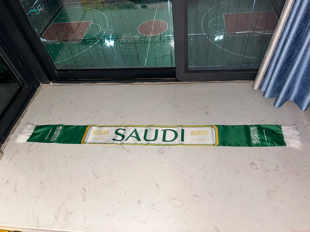 Saudi Arabia Scarf 12/14x135cm Double Printed Satin Saudi Arabia Flag Scarf Tassels for 2026 Football cup, Sports, Events