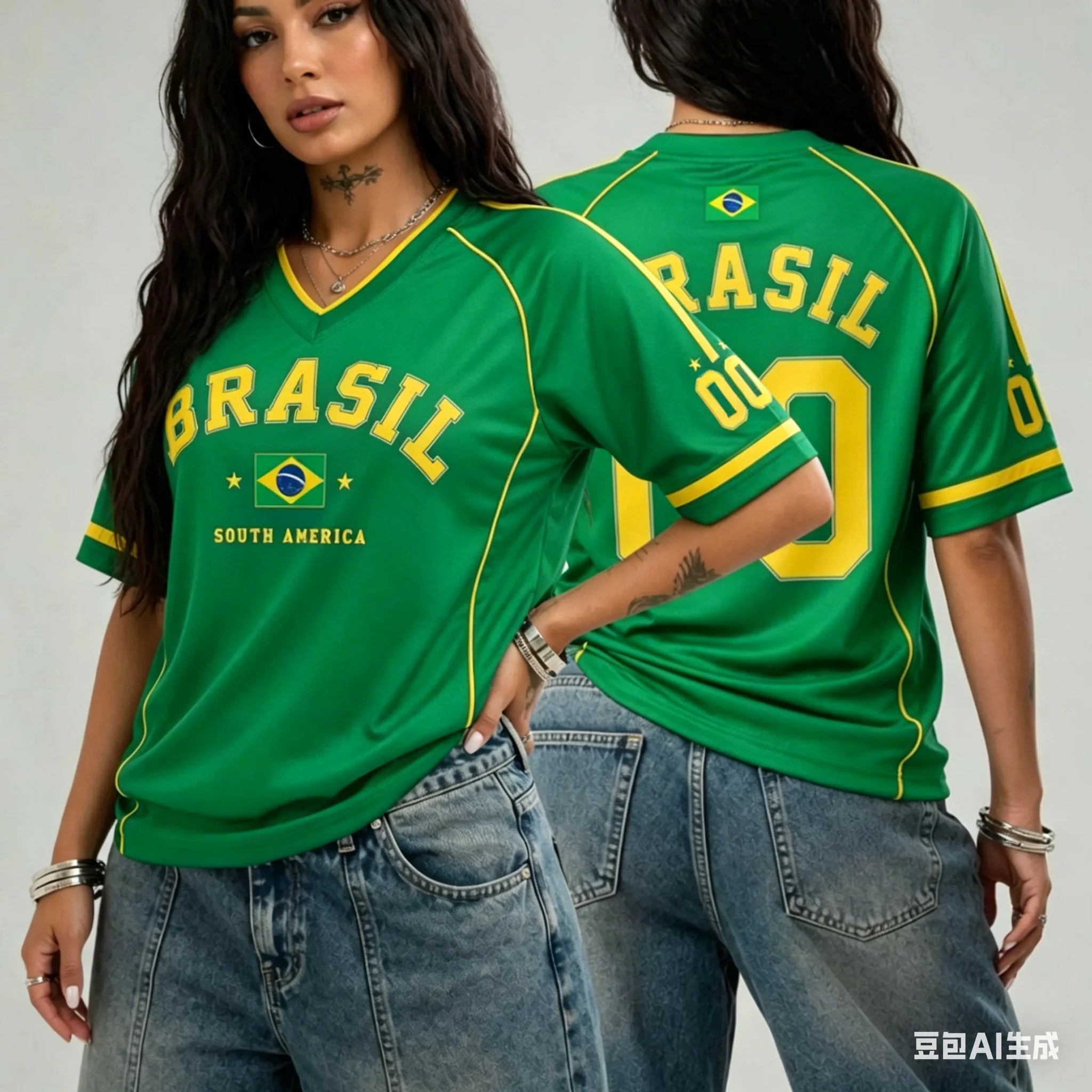 Women's Brazil 00 Print V-Neck Short Sleeve T-Shirt Summer Graphic Tee Jerseys Plus Size Sport T-Shirt