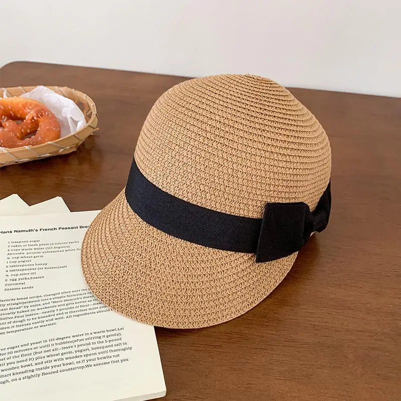 Summer Straw Hat For Women Outdoor Travel Beach Vacation Cap Vintage Bow Top Hat Girls French Flat Top Sun Visor Hats