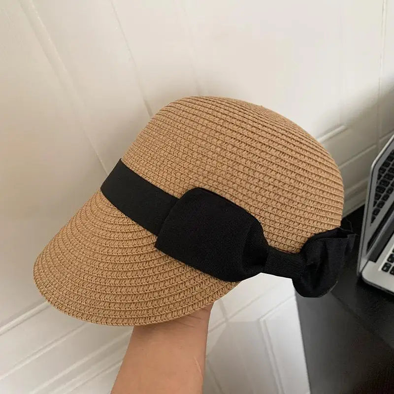 Hot！Summer Straw Hat For Women Outdoor Travel Beach Vacation Cap Vintage Bow Top Hat Girls French Flat Top Sun Visor Hats