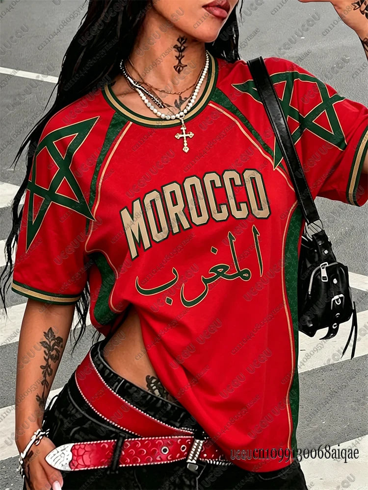 Summer New Vintage Morocco Print Women O-Neck Crop Tops Patchwork Short Sleeve Sports Football Jersey Y2K Morocco Street Tops