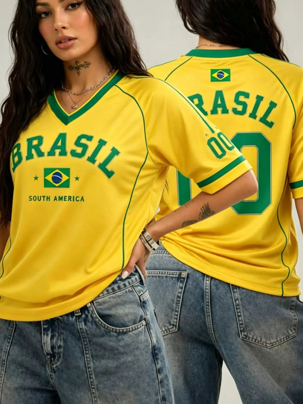 Women's Brazil 00 Print V-Neck Short Sleeve T-Shirt Summer Graphic Tee Jerseys Plus Size Sport T-Shirt