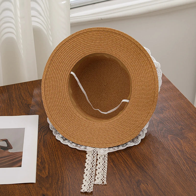 Summer outdoor travel sun hat for women, beach vacation sun hat with bow and ribbon, large brim straw hat