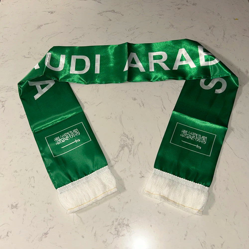 Saudi Arabia Scarf 12/14x135cm Double Printed Satin Saudi Arabia Flag Scarf Tassels for 2026 Football cup, Sports, Events