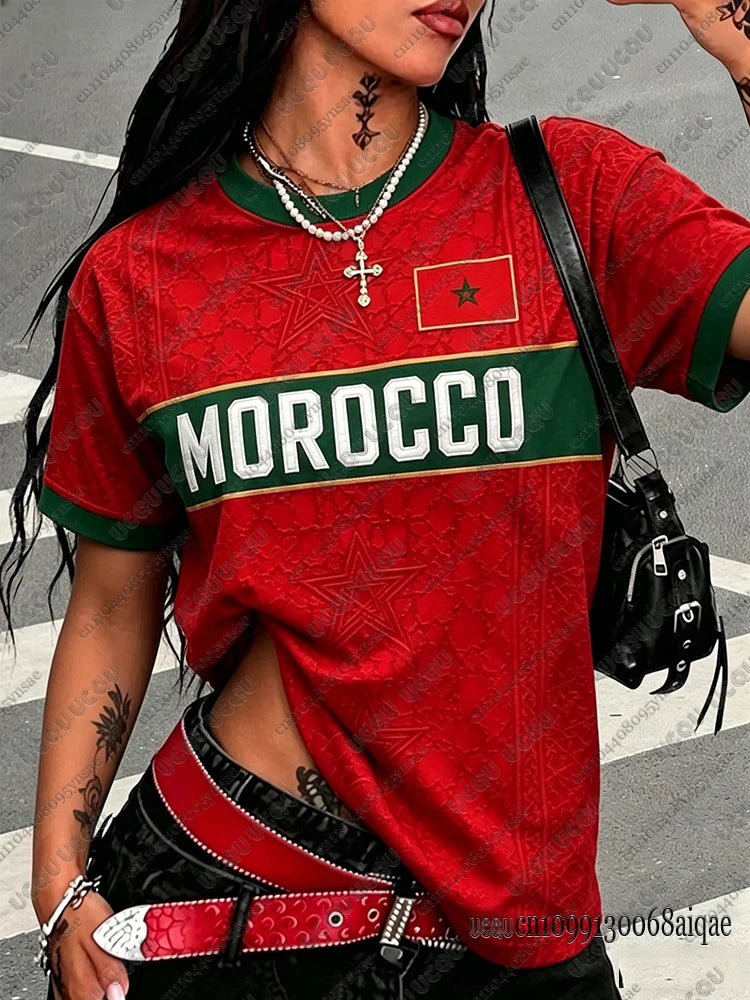 Summer New Vintage Morocco Print Women O-Neck Crop Tops Patchwork Short Sleeve Sports Football Jersey Y2K Morocco Street Tops