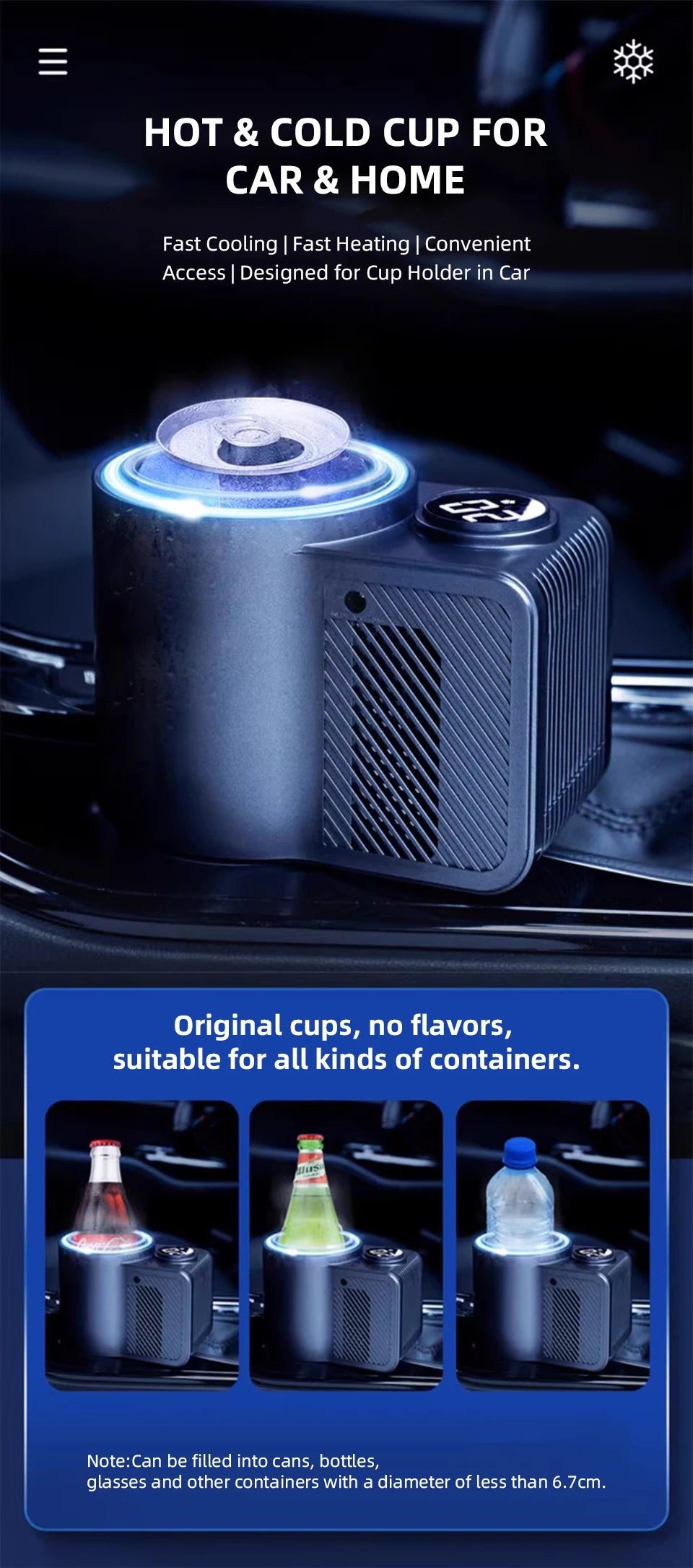 Summer Car Cup Cooler Smart Fast Cooling Cup Holder Touch Screen Beverage Chiller for Cold Drink Thermos Cup for Car Home Travel