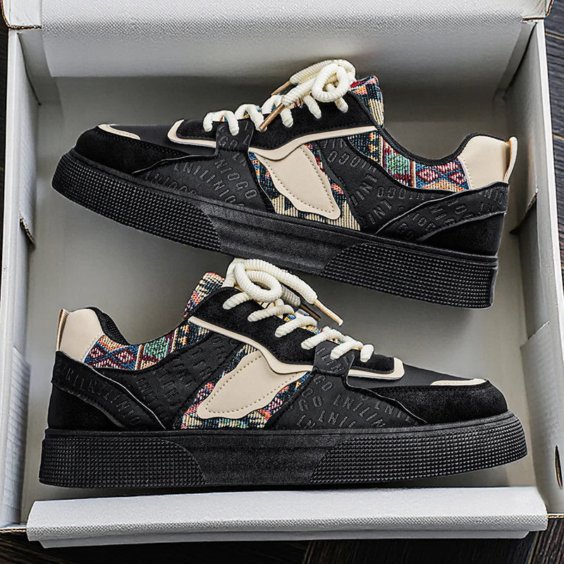 Men's Vintage Patchwork Platform Sneakers - Ethnic Tribal Print Low-Top Casual Shoes, Retro Fashion Walking Sneakers for Men