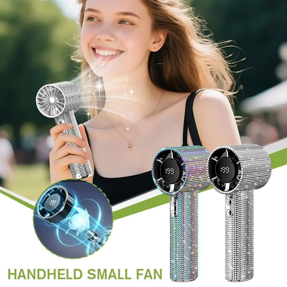 Outdoor Portable Strong Wind Handheld Fan Covered With Diamonds Type-C Rechargeable Outdoor Camping Cooling Fans