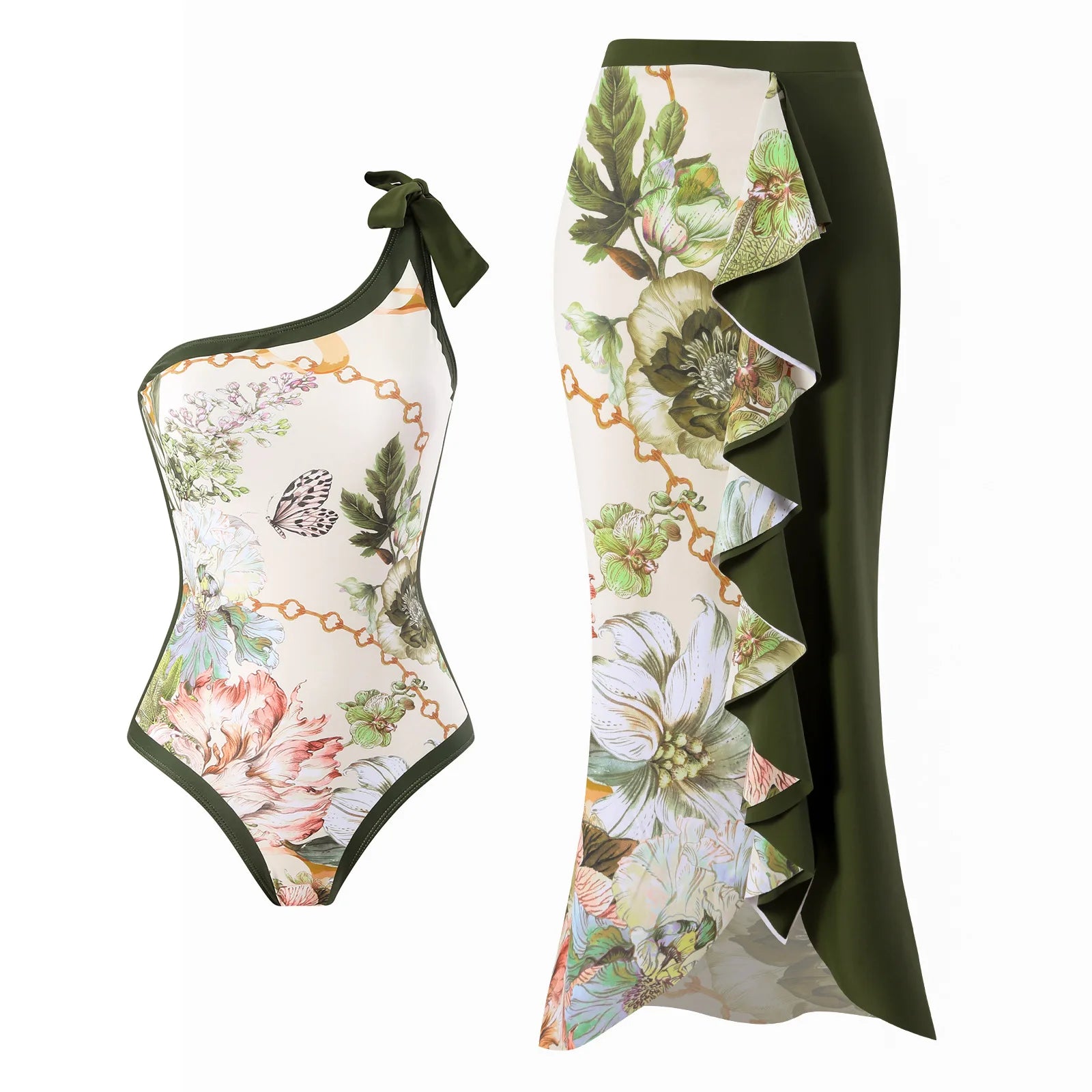 2026 One Shoulder Swimsuit & Long Skirt Padded Sexy Swimwear Women Bathing Suit Female Swimming Summer Beachwear Bodysuit