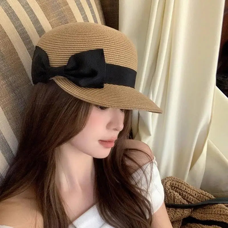 Summer Straw Hat For Women Outdoor Travel Beach Vacation Cap Vintage Bow Top Hat Girls French Flat Top Sun Visor Hats