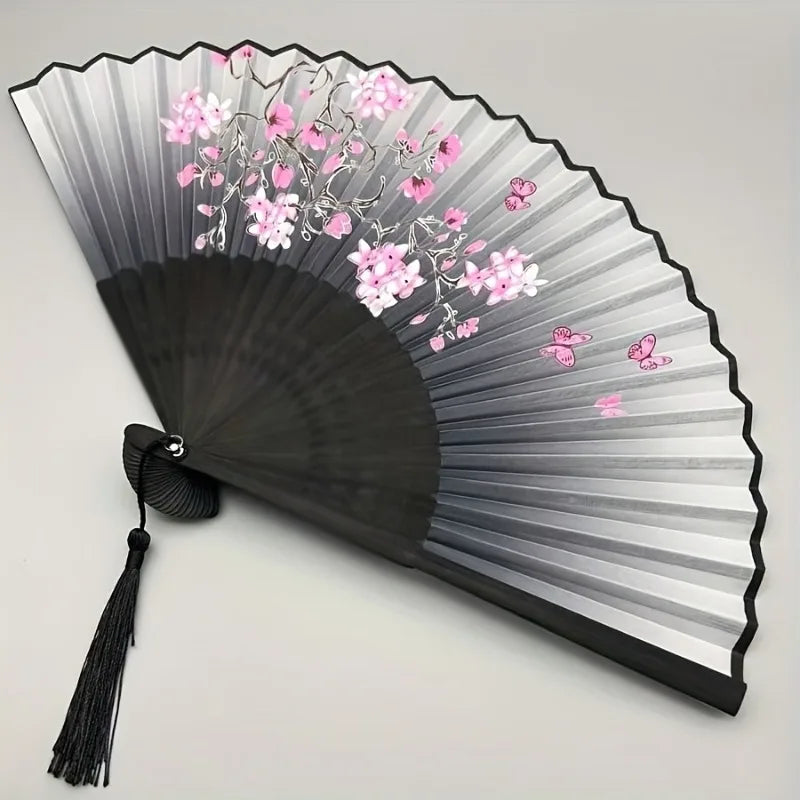 1 Vintage Floral Cherry Blossom Fan with Pink & Purple Artwork, Lightweight Portable Hand Fan for Hanfu Dance