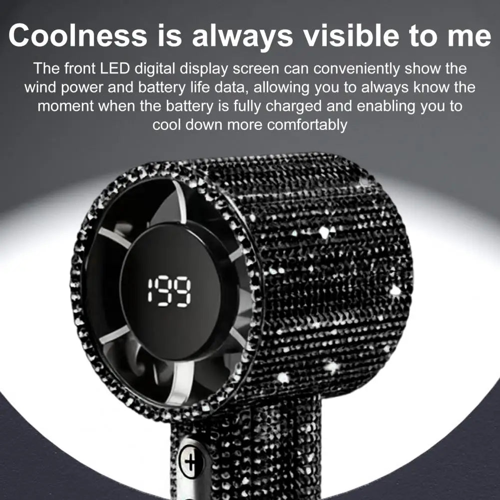 Rhinestone Handheld Fan with Digital Display, Turbo High Speed Portable Mini Fan, Quiet Operation Cooling Fan for Outdoor Travel