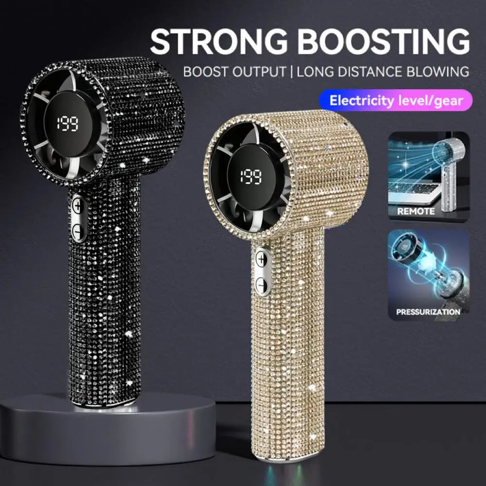 Rhinestone Handheld Fan with Digital Display, Turbo High Speed Portable Mini Fan, Quiet Operation Cooling Fan for Outdoor Travel