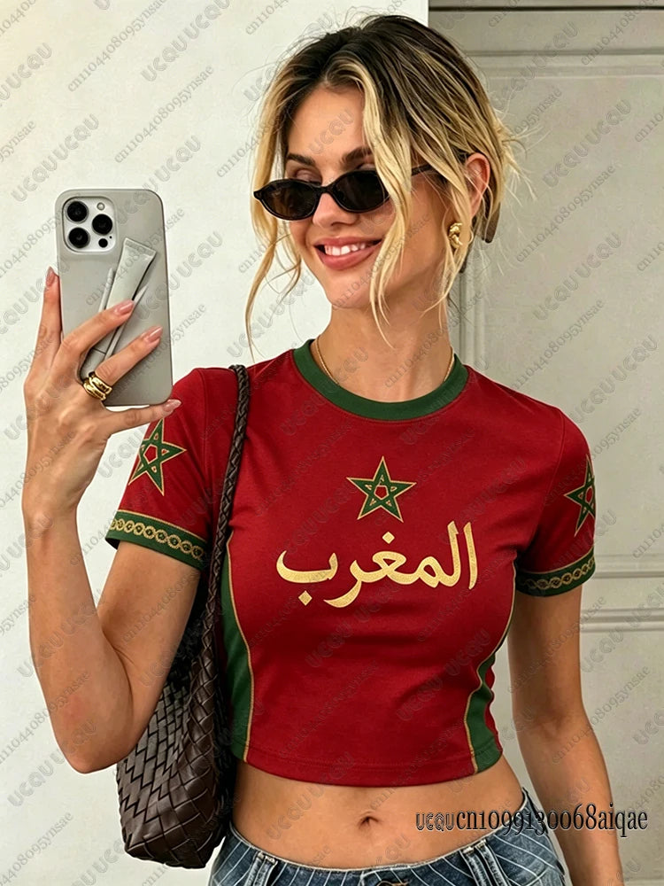 Summer New Vintage Morocco Print Women O-Neck Crop Tops Patchwork Short Sleeve Sports Football Jersey Y2K Morocco Street Tops