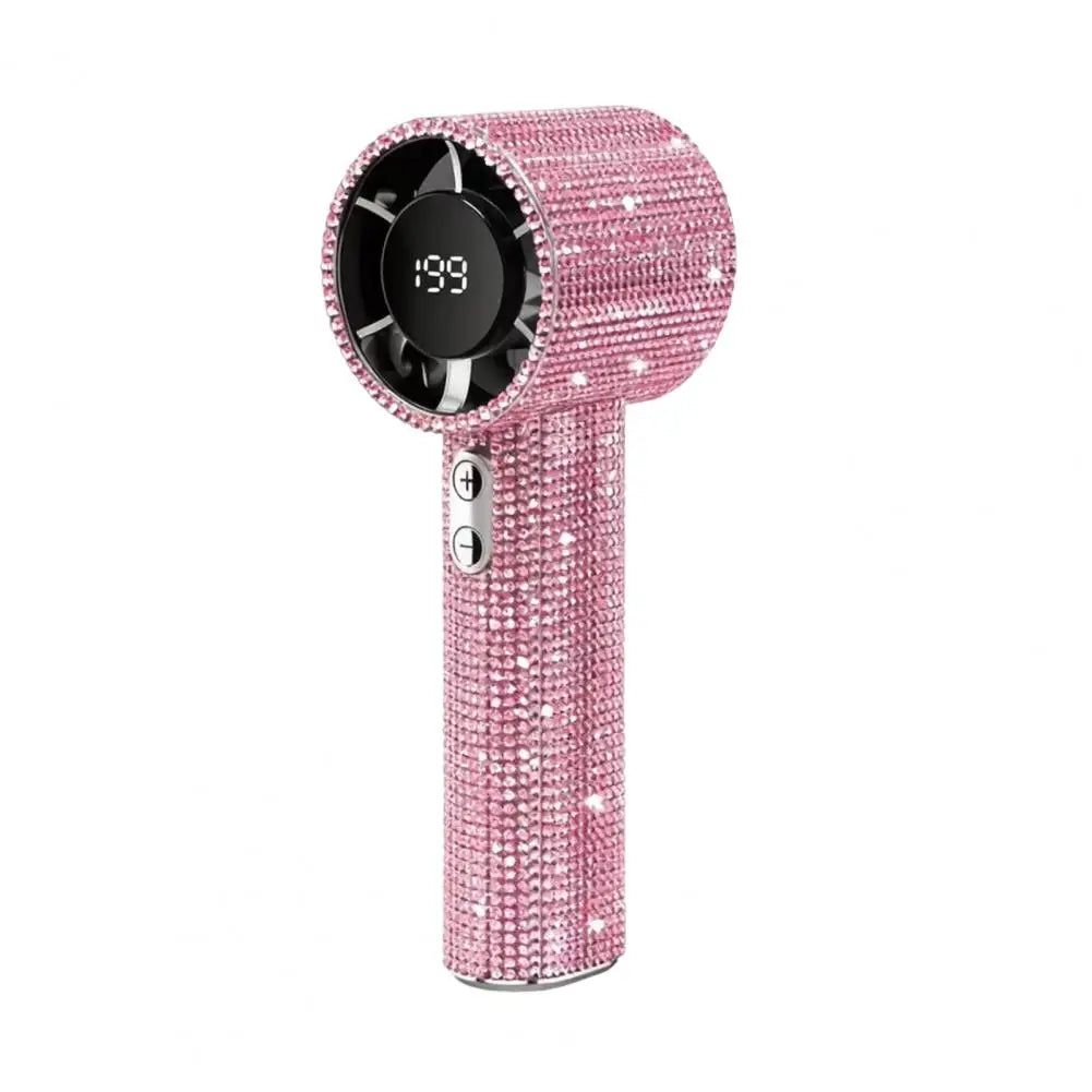 Rhinestone Handheld Fan with Digital Display, Turbo High Speed Portable Mini Fan, Quiet Operation Cooling Fan for Outdoor Travel