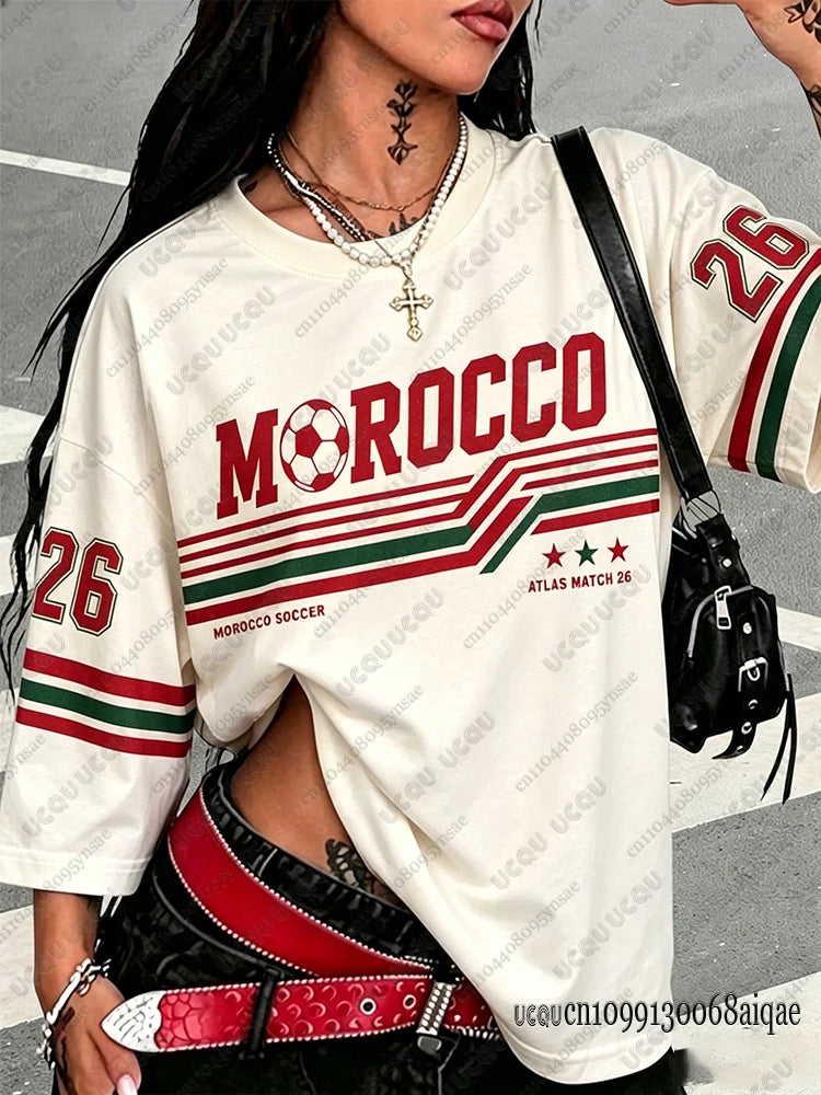 Summer New Vintage Morocco Print Women O-Neck Crop Tops Patchwork Short Sleeve Sports Football Jersey Y2K Morocco Street Tops
