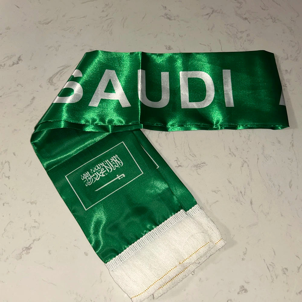 Saudi Arabia Scarf 12/14x135cm Double Printed Satin Saudi Arabia Flag Scarf Tassels for 2026 Football cup, Sports, Events