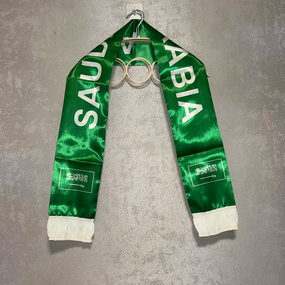 Saudi Arabia Scarf 12/14x135cm Double Printed Satin Saudi Arabia Flag Scarf Tassels for 2026 Football cup, Sports, Events