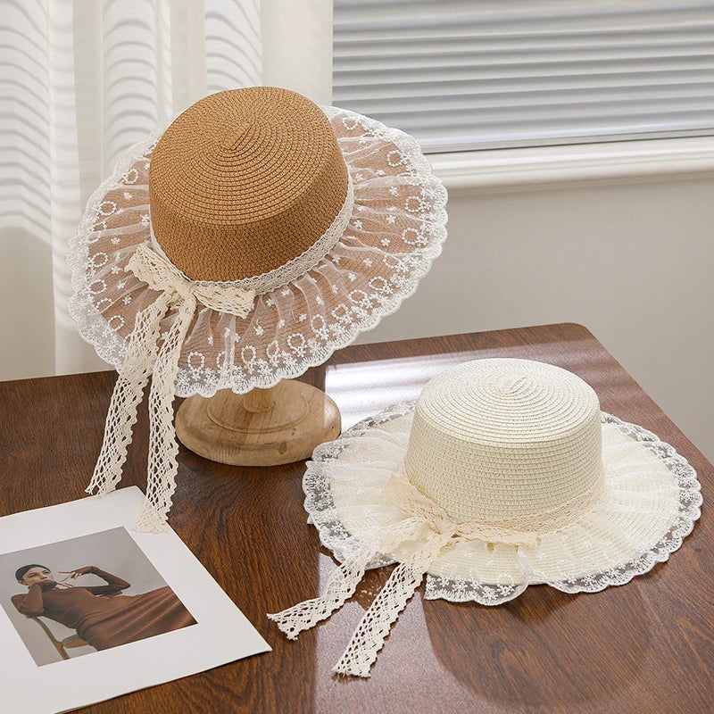 Summer outdoor travel sun hat for women, beach vacation sun hat with bow and ribbon, large brim straw hat