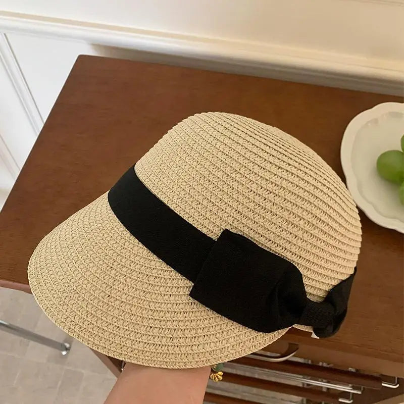 Hot！Summer Straw Hat For Women Outdoor Travel Beach Vacation Cap Vintage Bow Top Hat Girls French Flat Top Sun Visor Hats