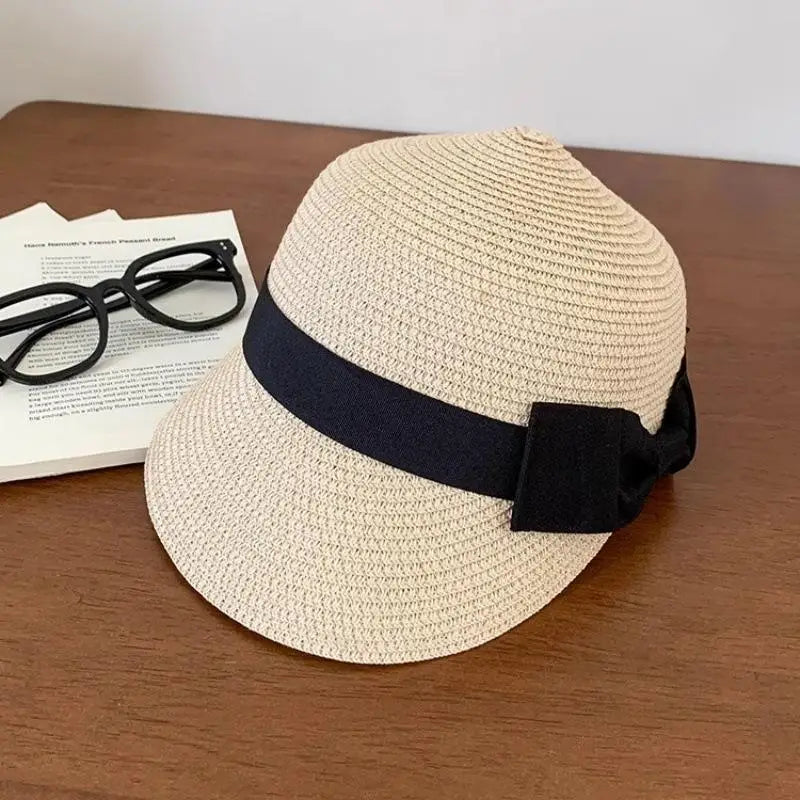 Hot！Summer Straw Hat For Women Outdoor Travel Beach Vacation Cap Vintage Bow Top Hat Girls French Flat Top Sun Visor Hats