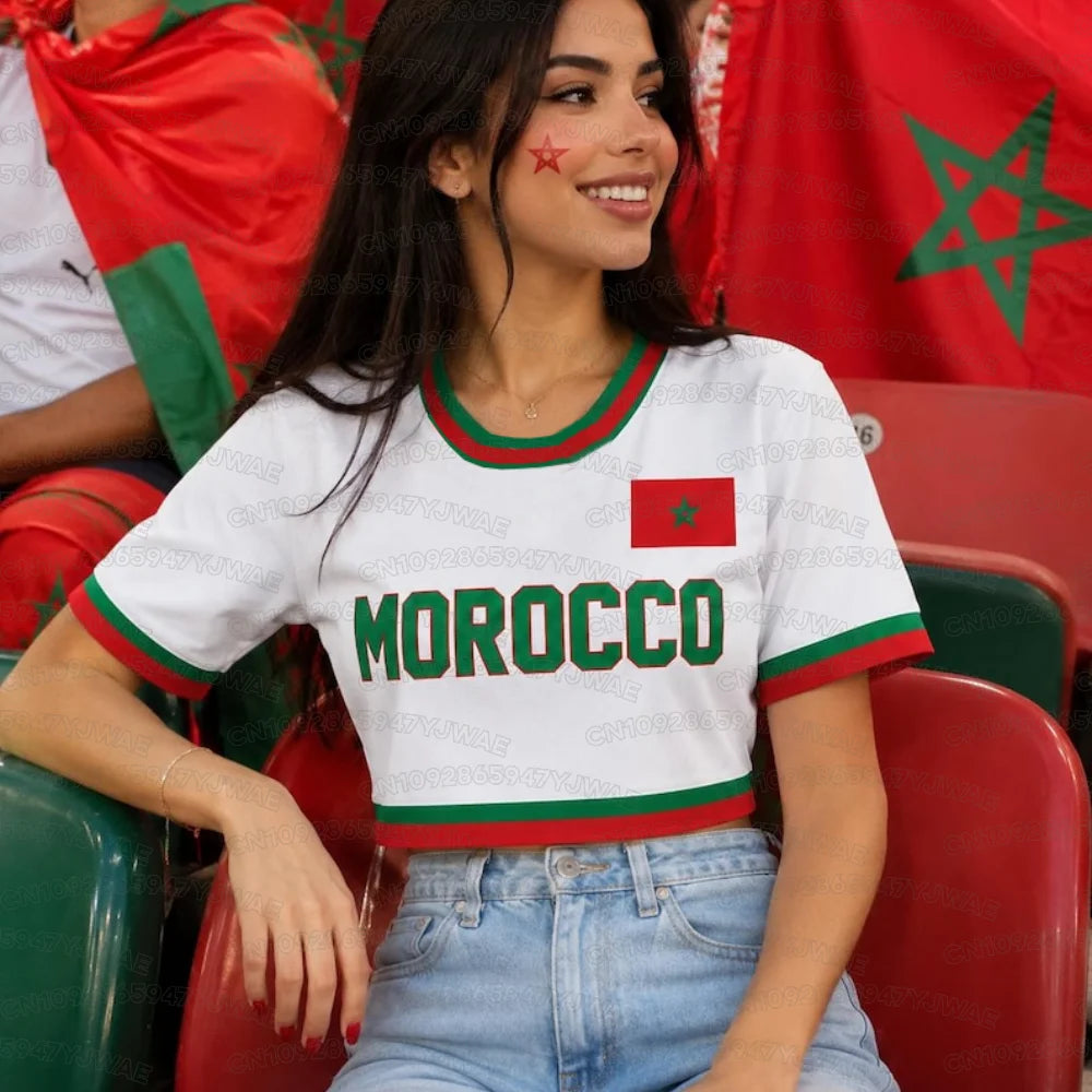 Summer 2026 New Women's Morocco Print Sport Jersey Round Neck Cheerleaders Crop Top T-shirt  Short Sleeve Jersey