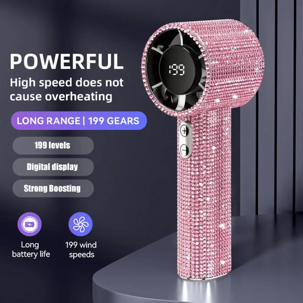 Rhinestone Handheld Fan with Digital Display, Turbo High Speed Portable Mini Fan, Quiet Operation Cooling Fan for Outdoor Travel
